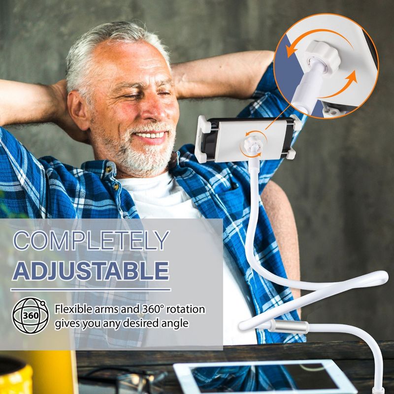 [Upgraded] Insten Phone Holder Stand Lazy Gooseneck Mount 50" Long Arm Aluminum Flexible 360 Clamp Clip for iPhone Cell Phone Tablet Bed Desktop White