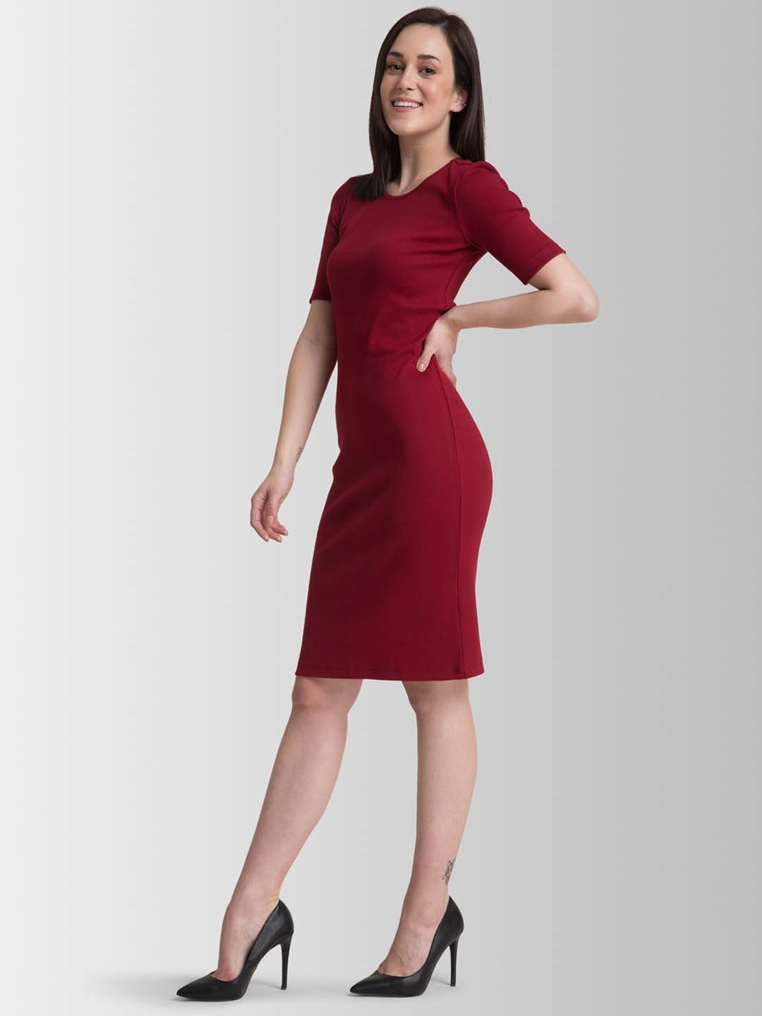 FableStreet Maroon Above Knee Bodycon Dress