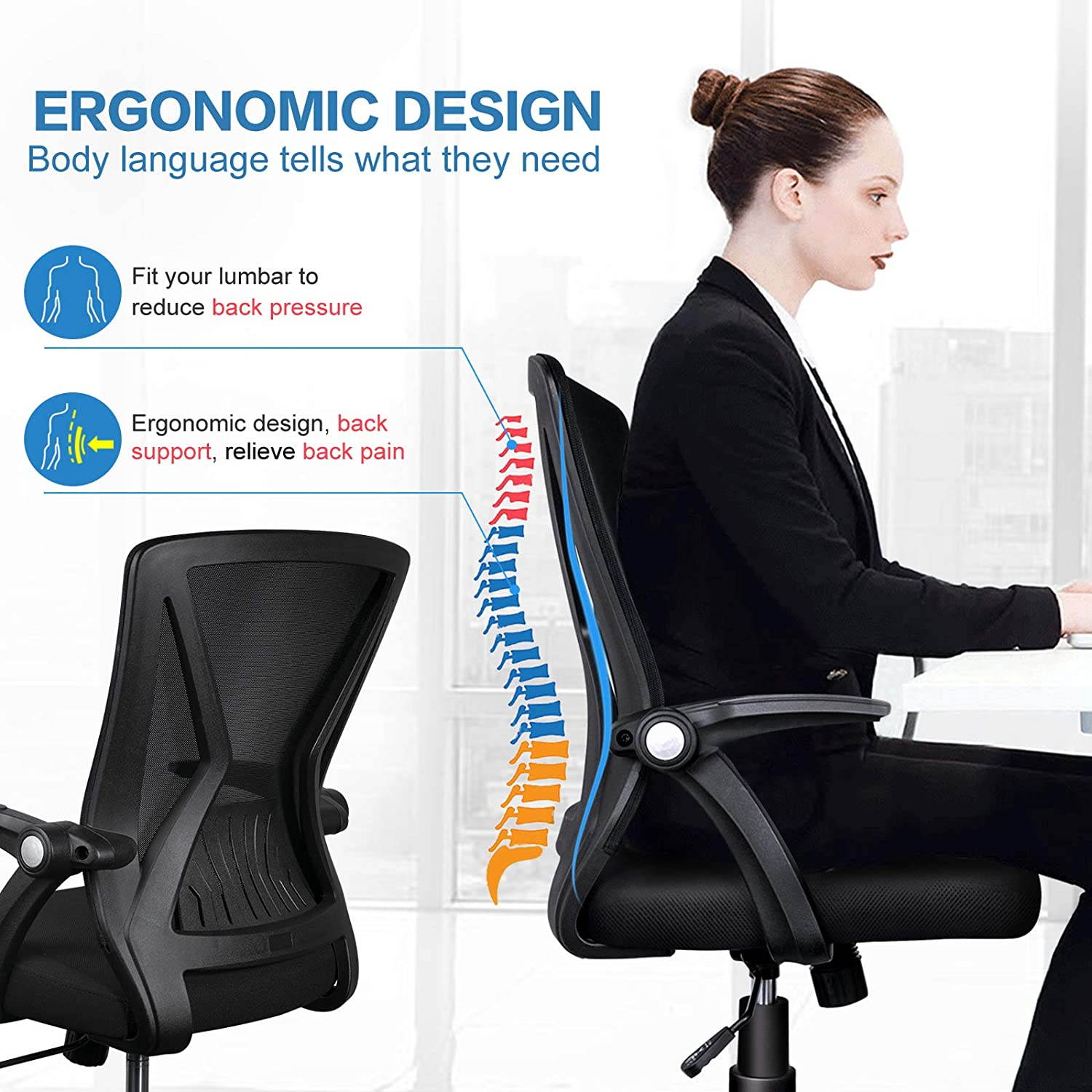Mid Back Mesh Office Chair Ergonomic Swivel Black Mesh Computer Chair Flip Up Arms with Lumbar Support Adjustable Height Task Chair