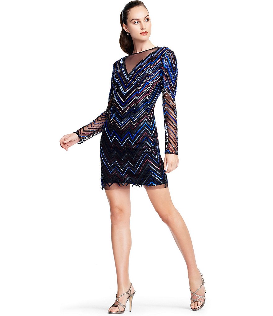 Aidan Aidan Mattox Illusion V-Neck Chevron Beaded Mesh Mini Sheath Dress