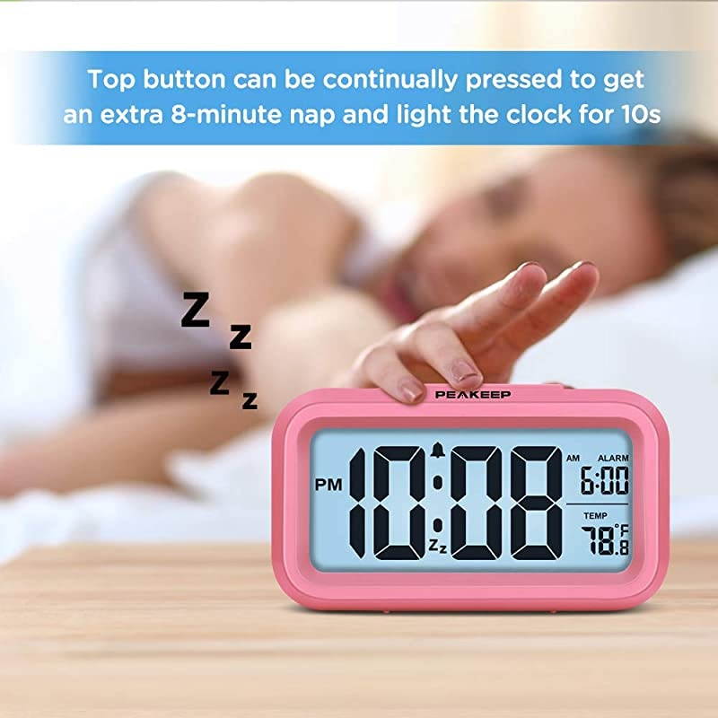 Smart Night Light Digital Alarm Clock with Indoor Temperature, Battery Operated Desk Small Clock (Pink)