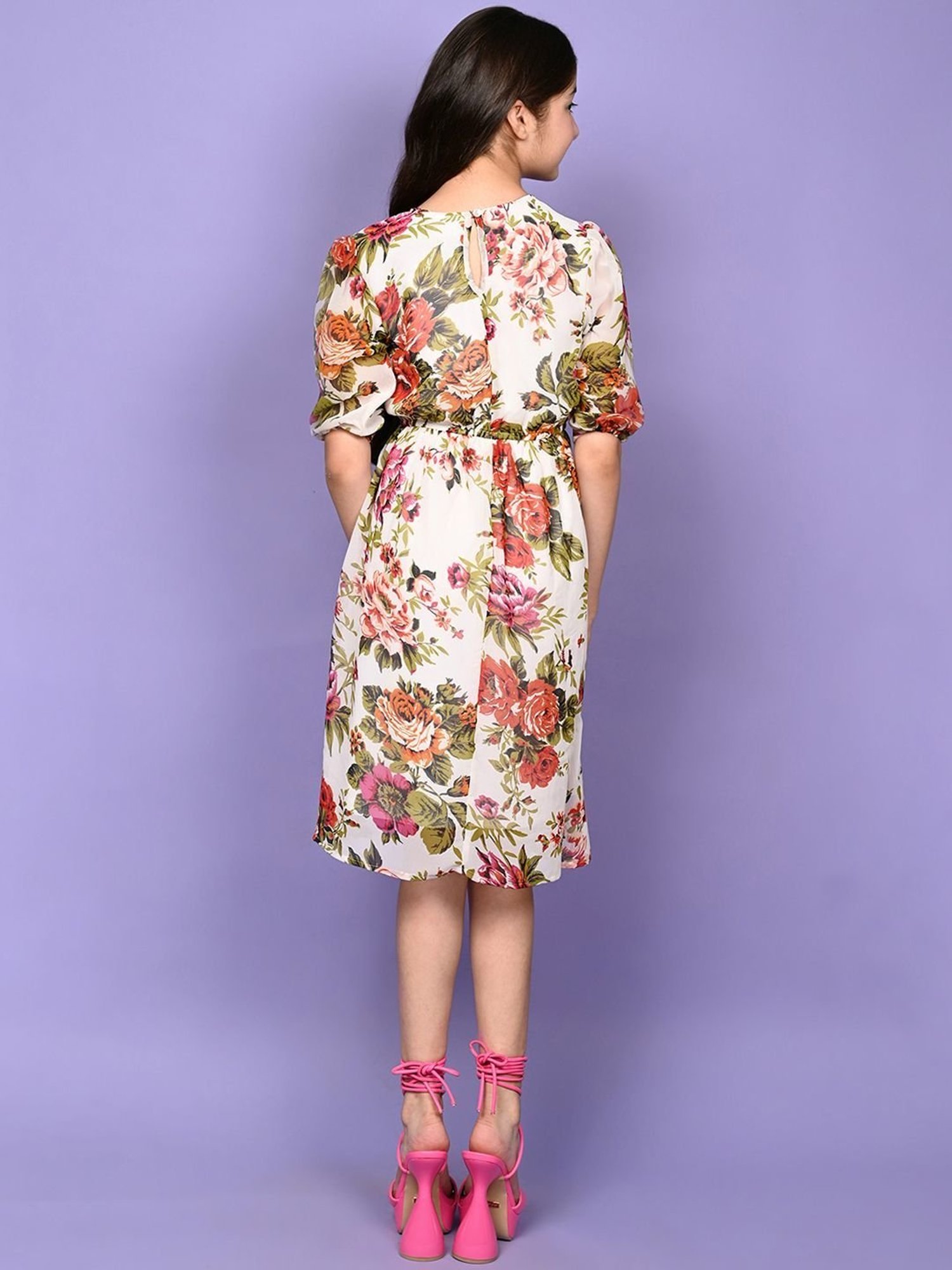 LilPicks Kids White & Pink Floral Print Dress