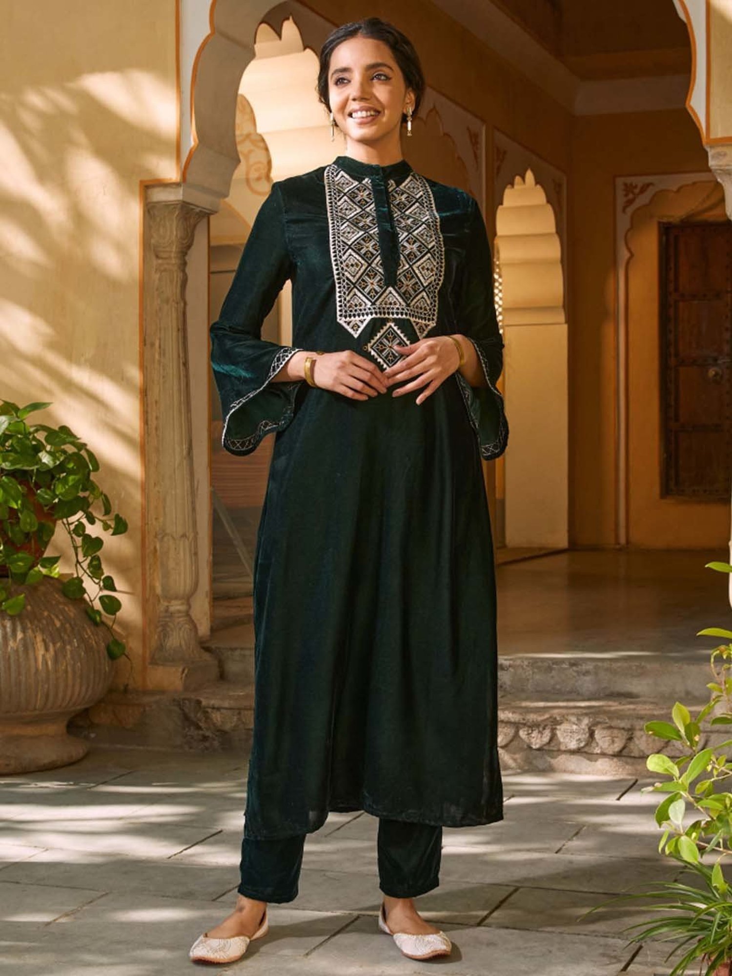 Rustorange Green Embroidered A Line Kurta