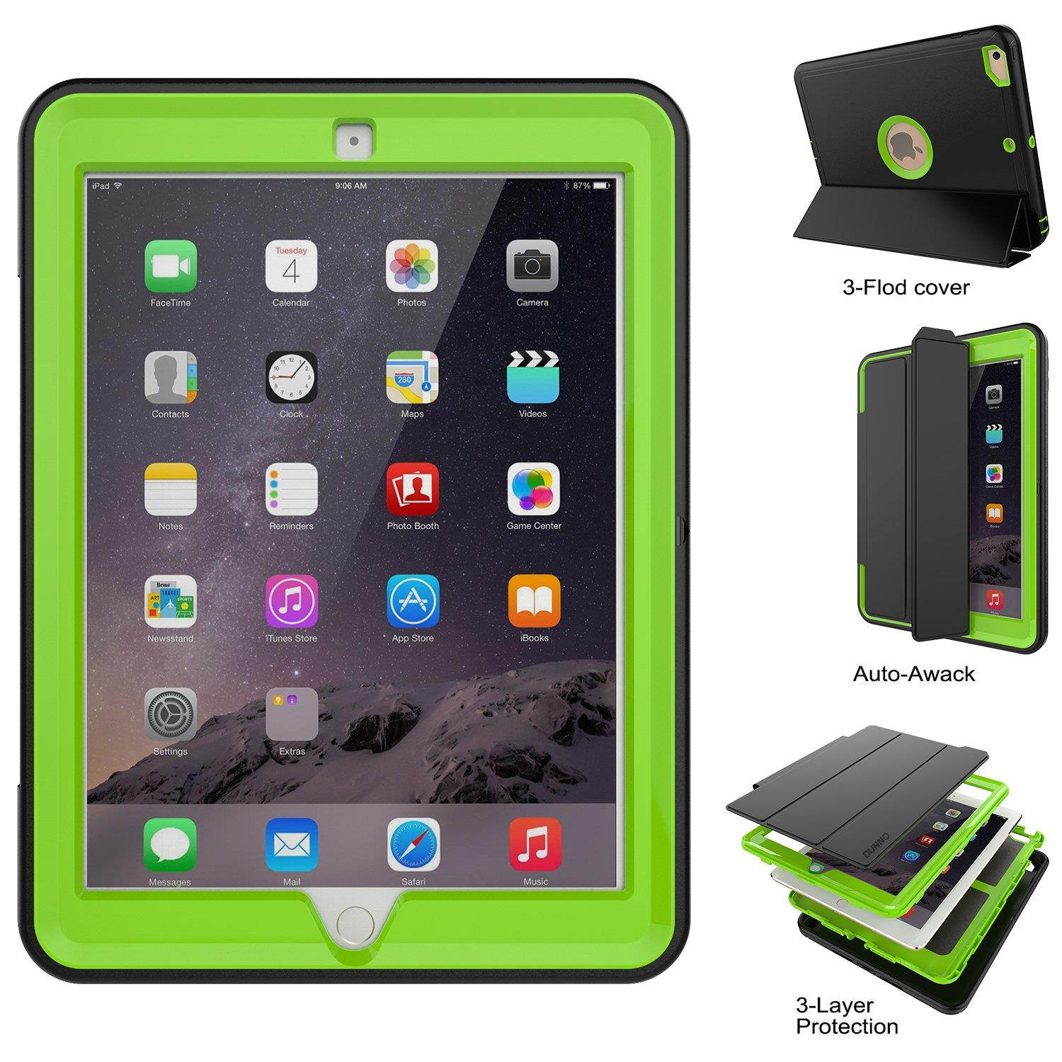 New iPad 9.7 2017/2018 case - DUNNO Heavy Duty Full Body Rugged Protective Case with Auto Sleep/Wake Up Stand Folio & Three Layer Design for Apple iPad 9.7 inch 2017/2018 (Black+Green)