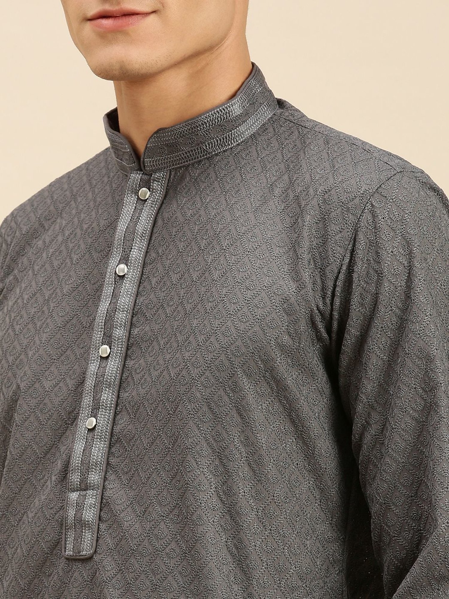 Sanwara Grey Cotton Regular Fit Embroidered Kurta Sets