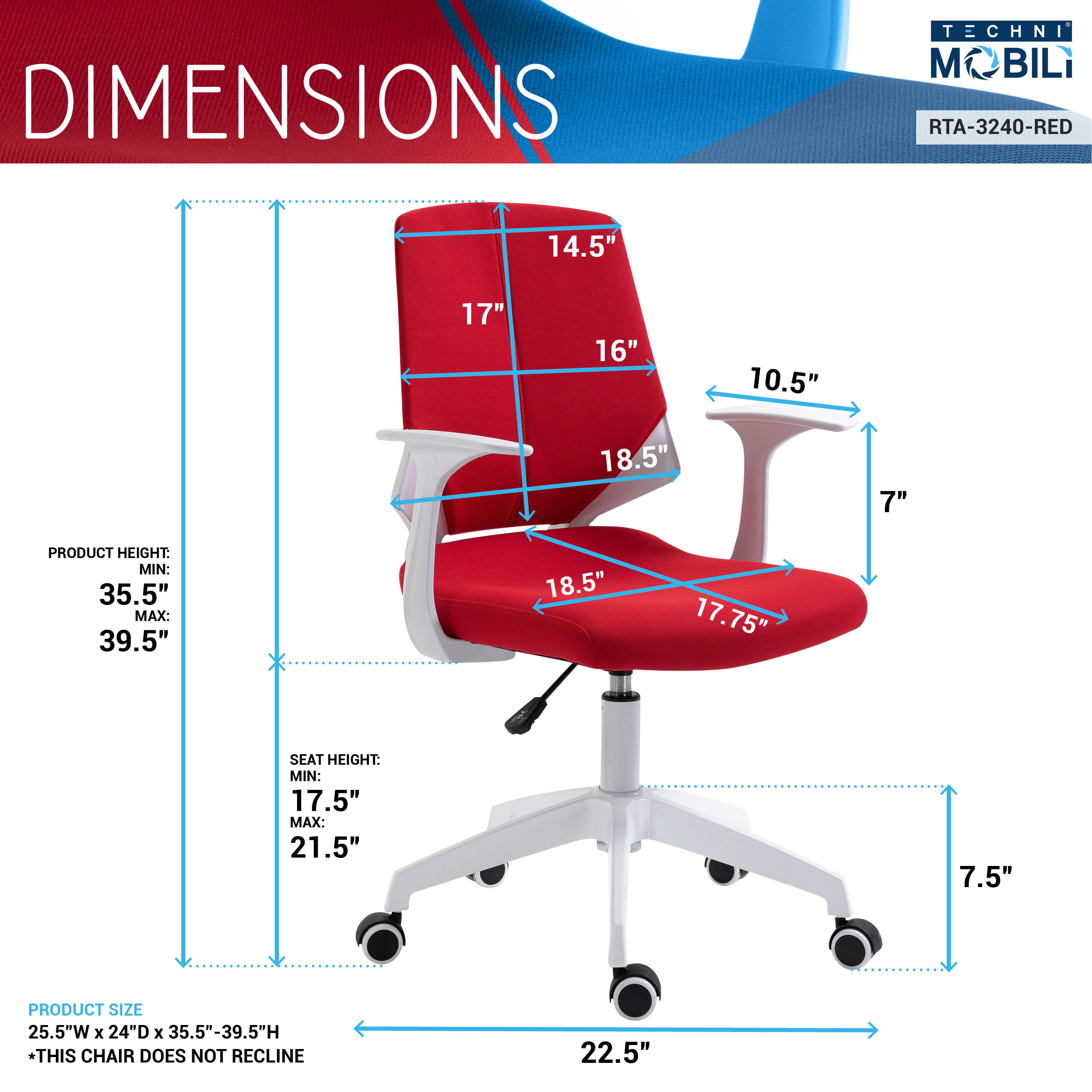 Techni Mobili Mid Back Office Task Chair with Height Adjustment, Executive Swivel Chair with Two Tone Non Marking Caster Wheels, Red