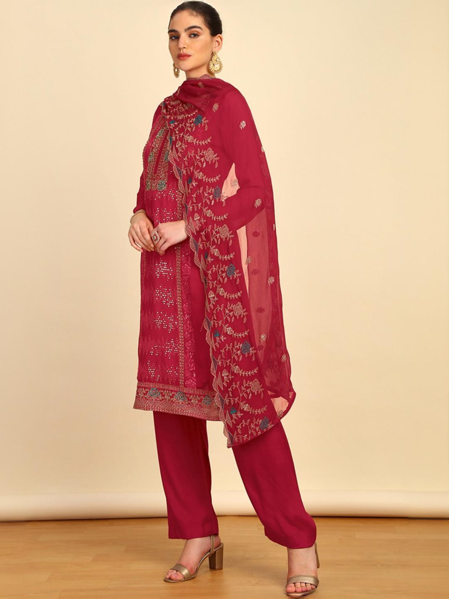 Soch Womens Magenta Crepe Unstitch Dress Material With Sequins