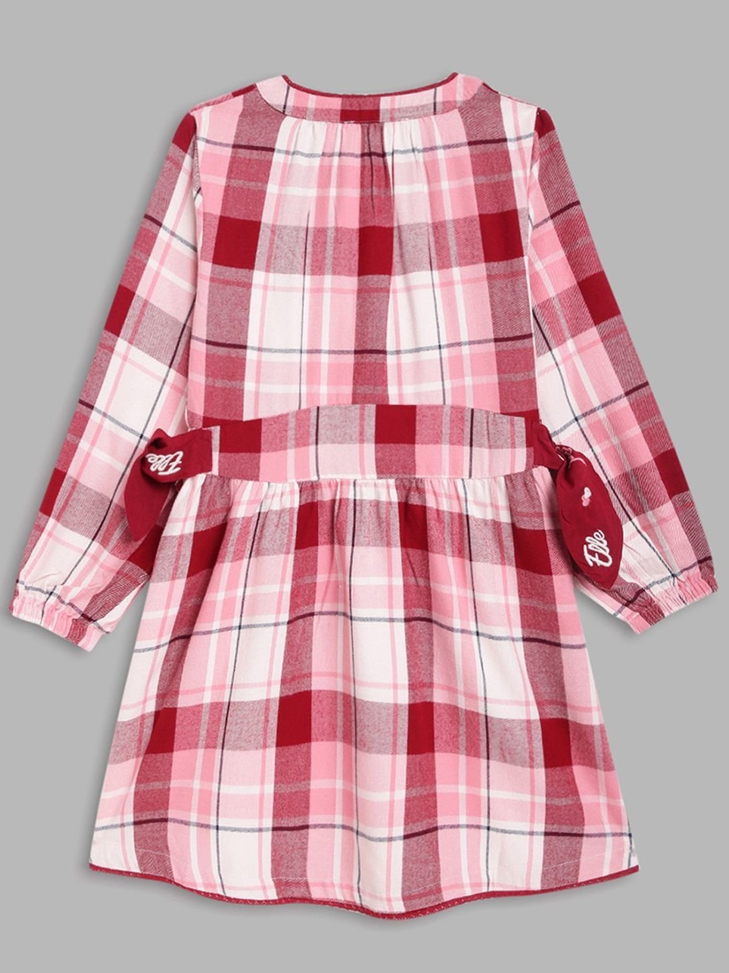 Elle Kids Pink & White Cotton Chequered Full Sleeves Dress