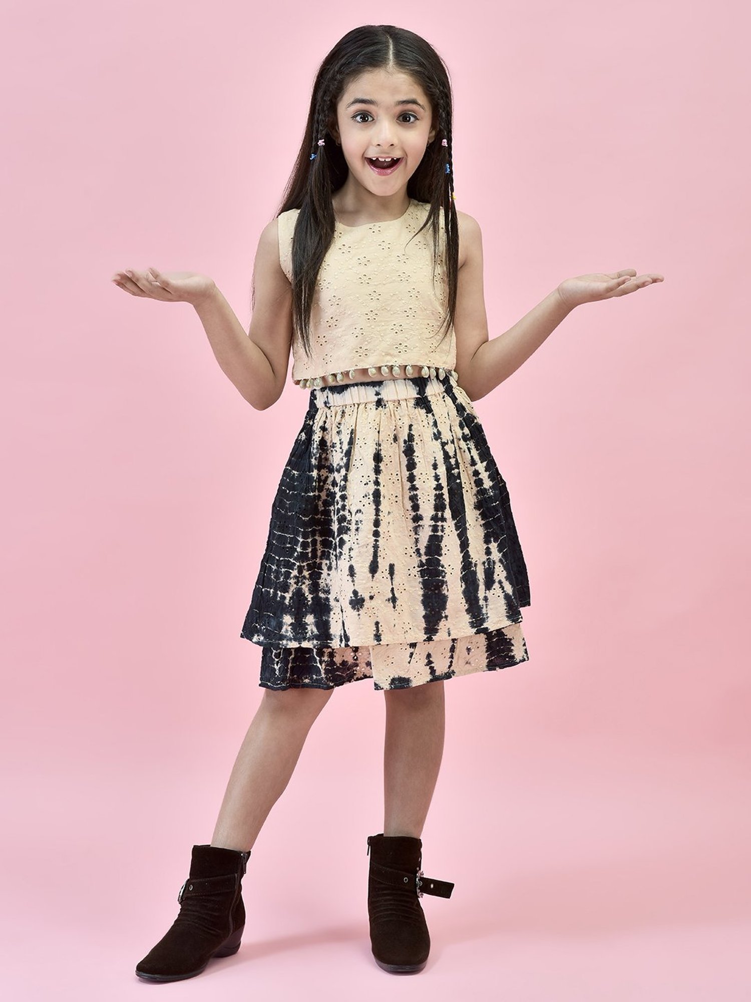 Juniper Girls Beige & Black Self Design Crop Top With Skirt