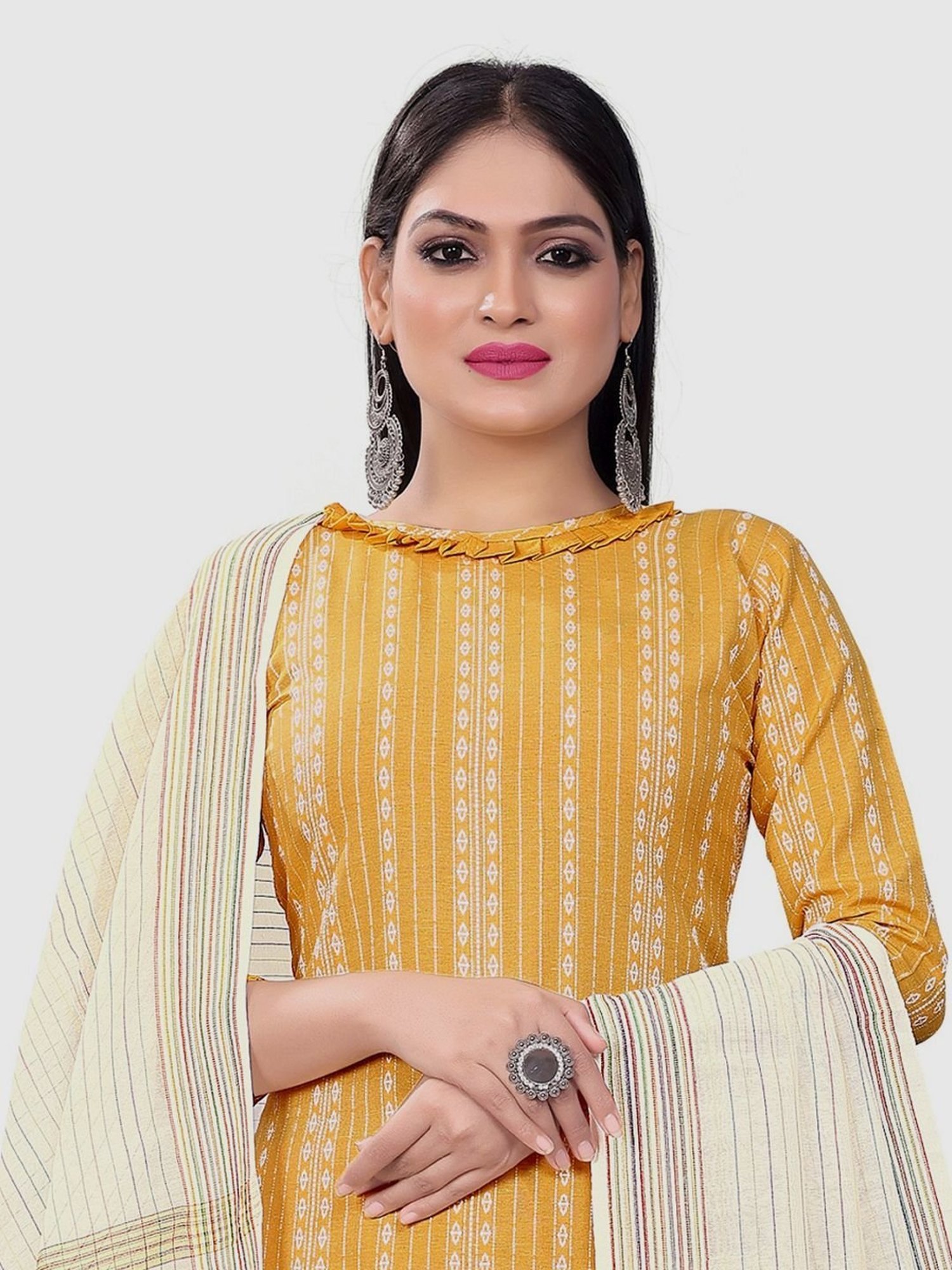 APNISHA Yellow Cotton Printed Unstitched Dress Material