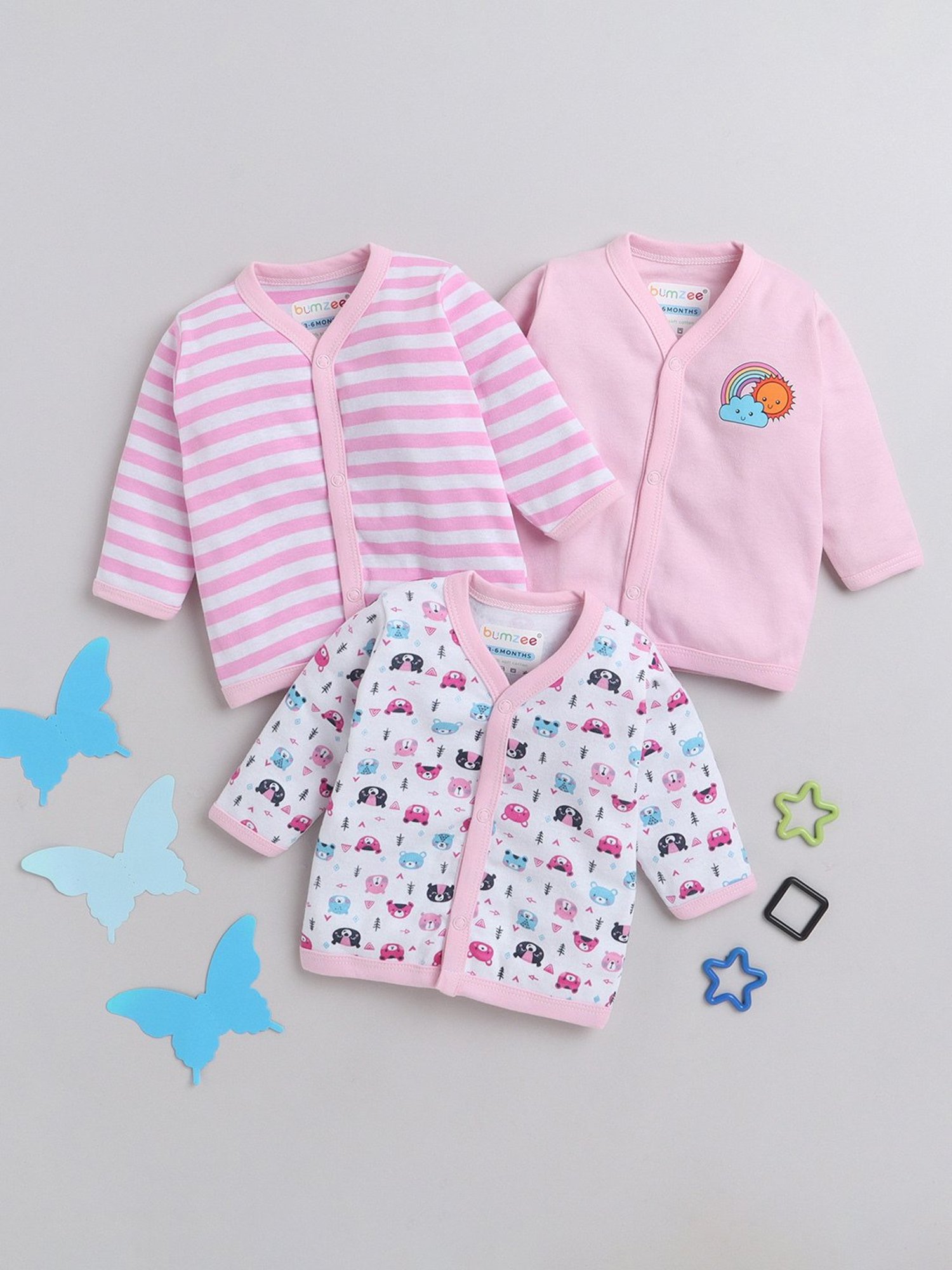 Bumzee Kids Pink & White Printed Full Sleeves Jhablas (Pack Of 3)