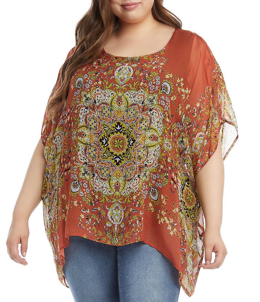 Karen Kane Plus Size Ornate Paisley Layered Scarf Print Scoop Neck Flare Short Sleeve Top