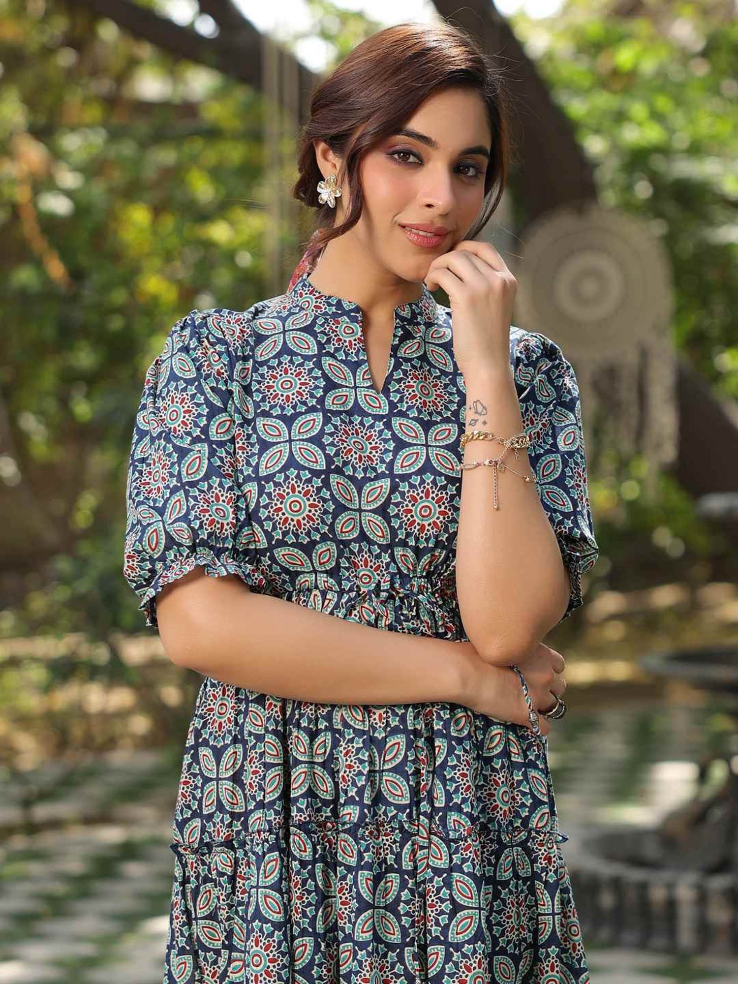 Rain and Rainbow Blue Cotton Printed A-Line Dress