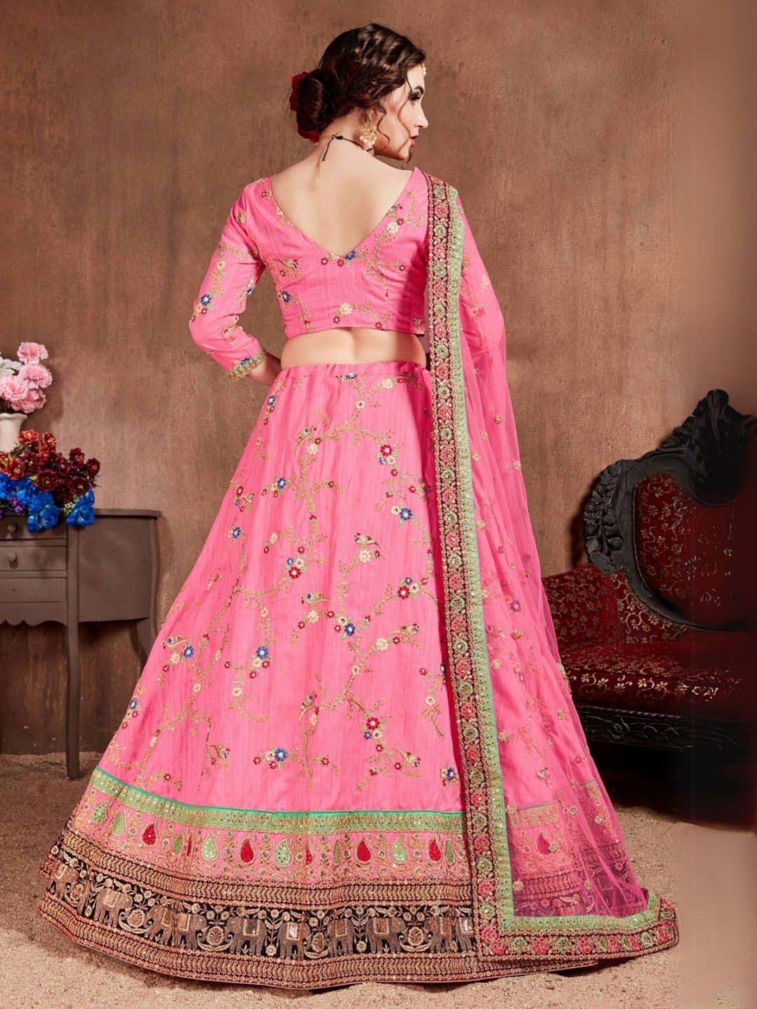 Odette Pink Embroidered Lehenga Choli Set With 2 Pack of Dupatta