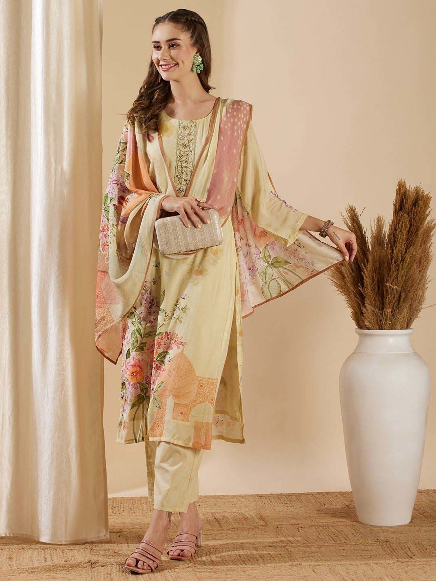 Fashor Cream Embroidered Kurta & Pant Set With Dupatta