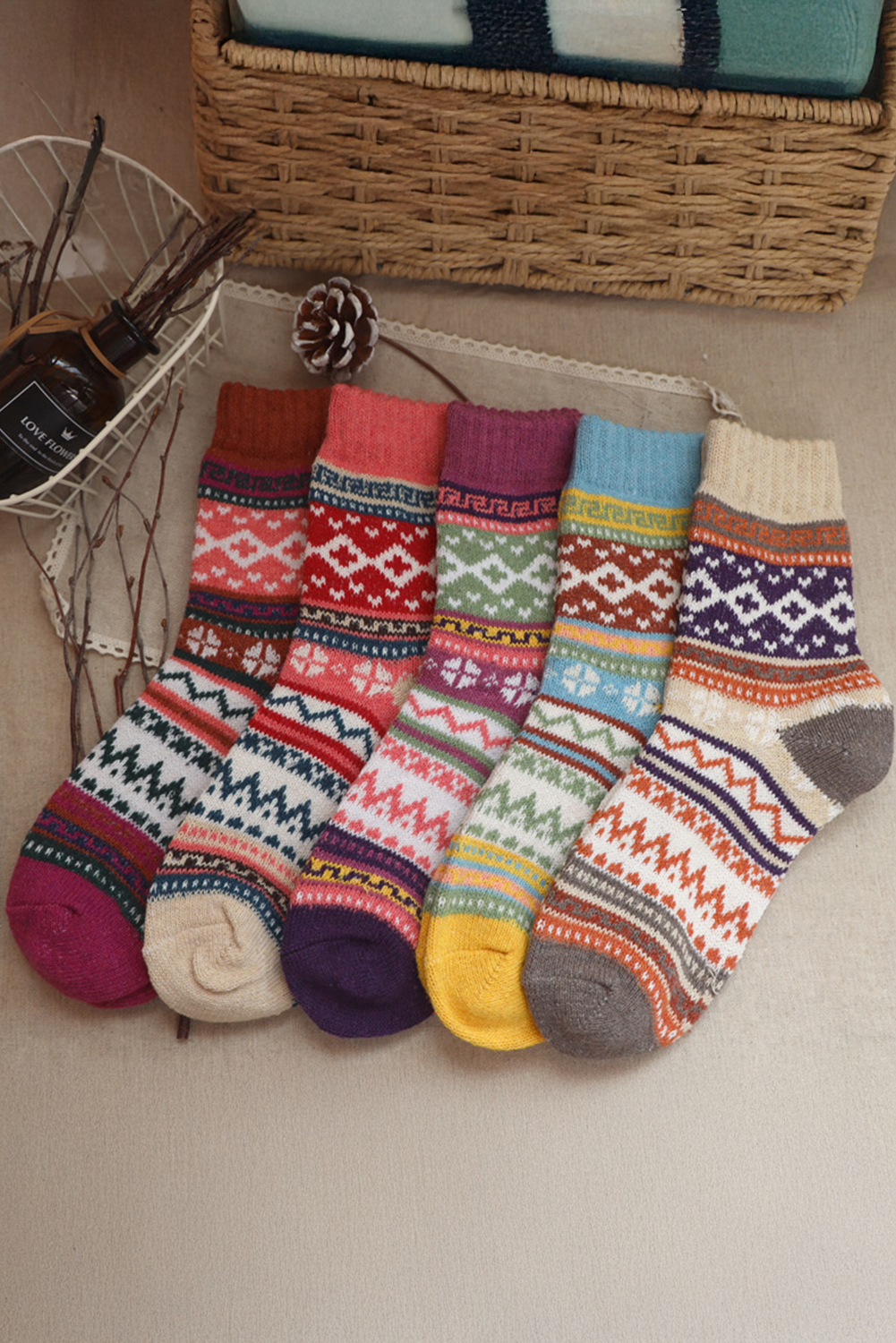 Camel Vintage Geometric Striped Warm Winter Socks