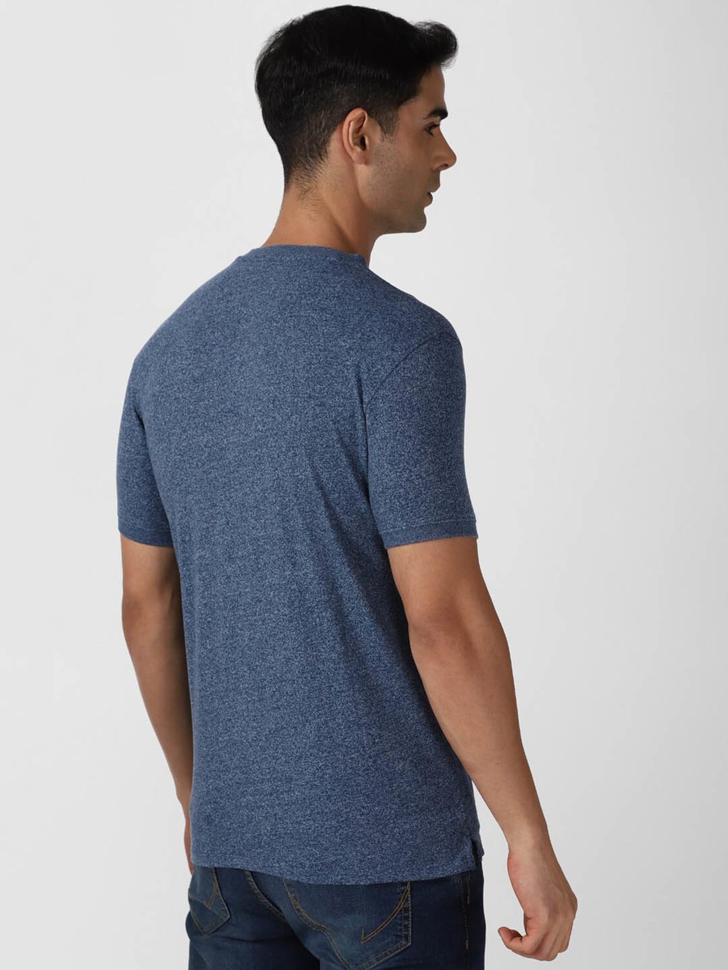 V Dot Blue Slim Fit Texture Henley T-Shirt