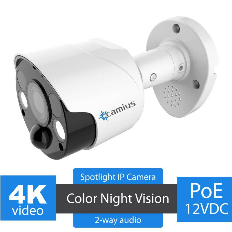 Camius 4K 8 Channel NVR Security System with 3TB HDD, Two 4K PoE Spotlight Cameras (2-way audio, siren), 2 pcs 5MP PoE Bullet IP Cameras (Built-in microphone), color night vision 8P2S82B3TS