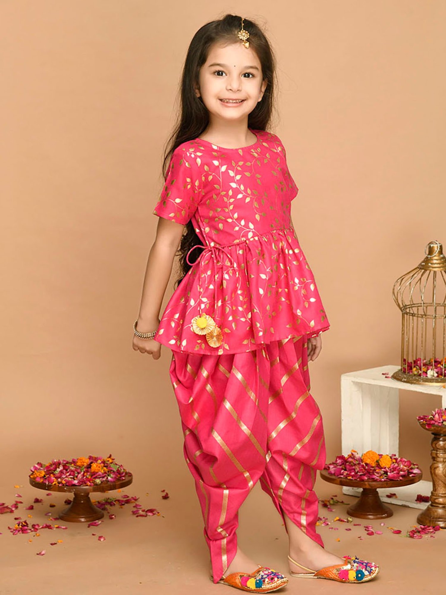 Saka Designs Kids Fuchsia & Gold Printed Jhabla with Dhoti