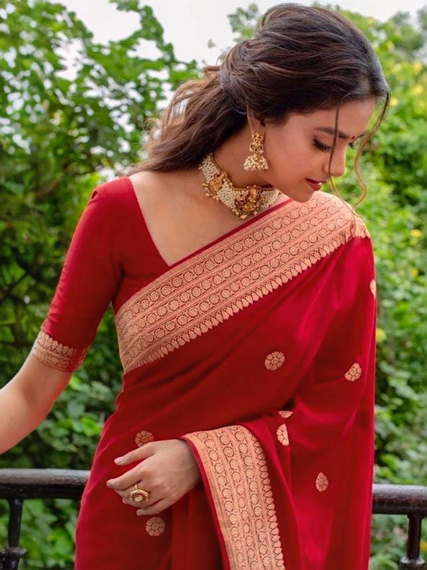 Satrani Red & Golden Silk Woven Saree With Unstitched Blouse