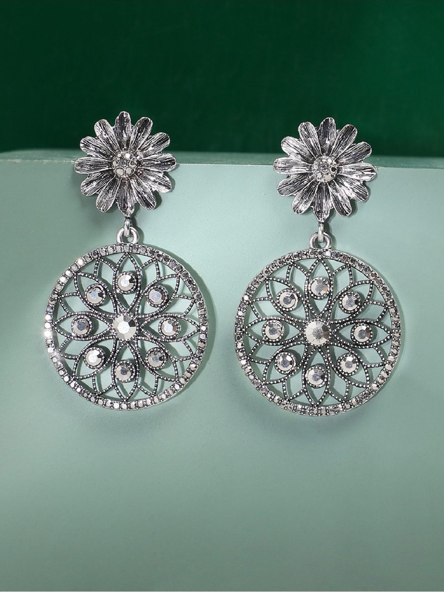 Sohi women's intricate daisy circular drop earrings silver