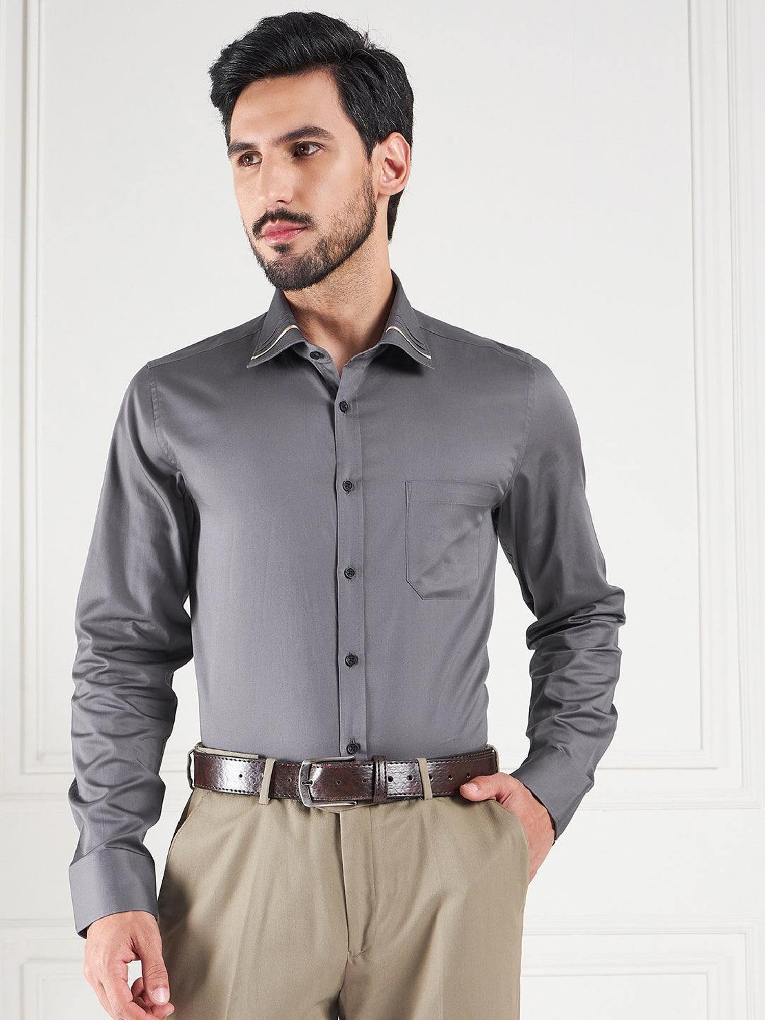 Louis Stitch Grey Cotton Regular Fit Shirt