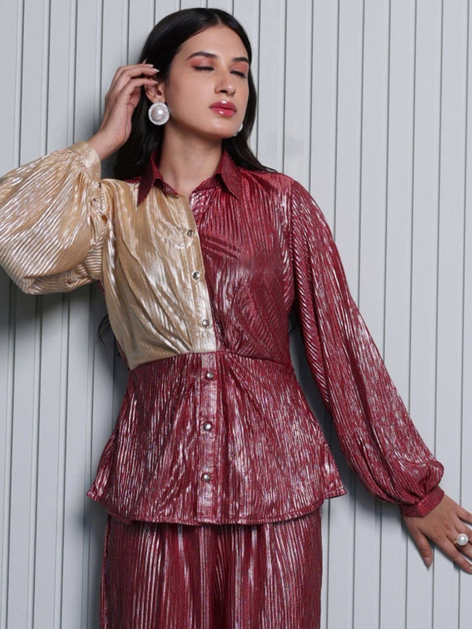 BInfinite Metallic Gold Garnet Pleated Shirt