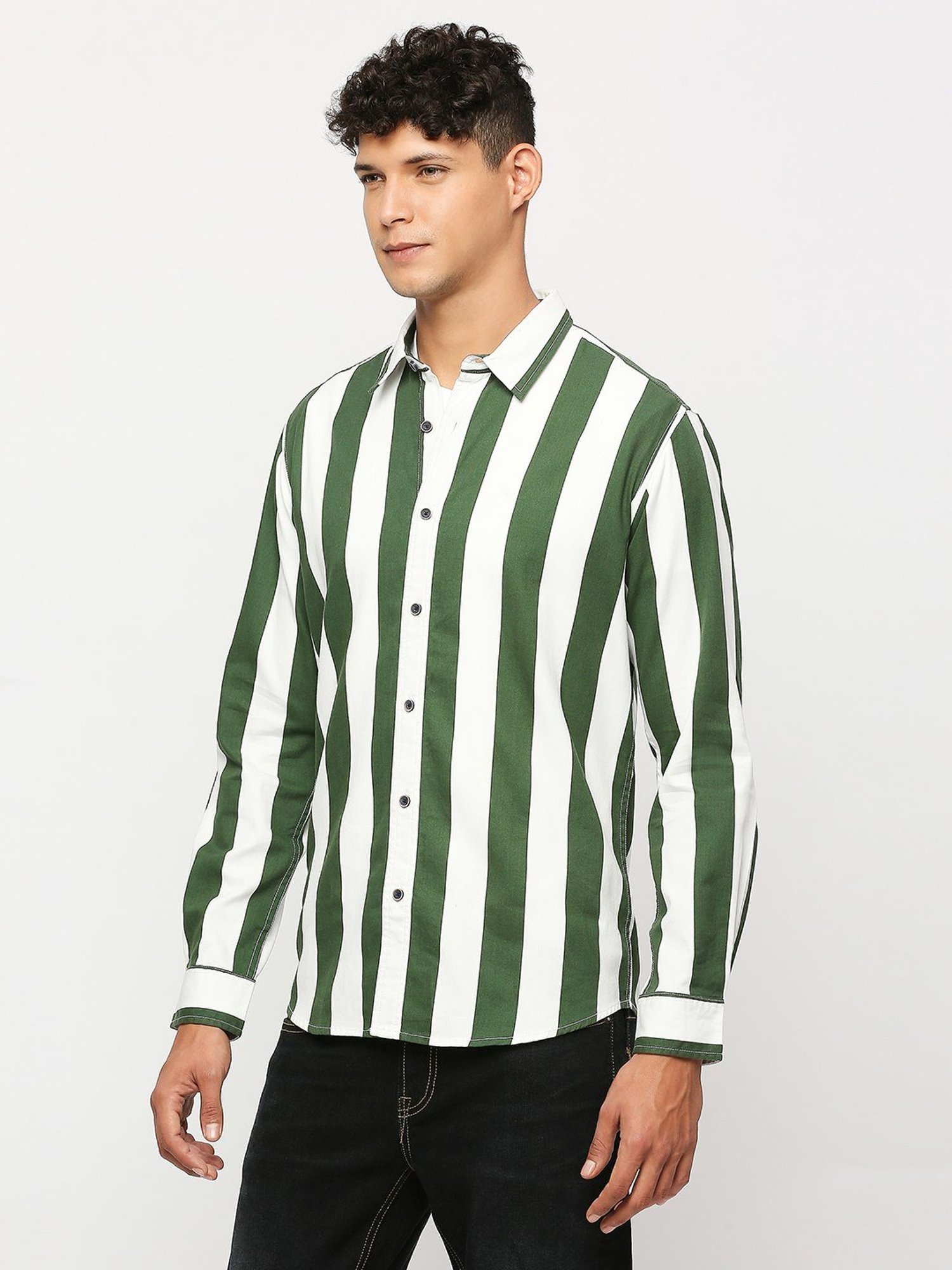Pepe Jeans Dark Green Cotton Regular Fit Striped Shirt