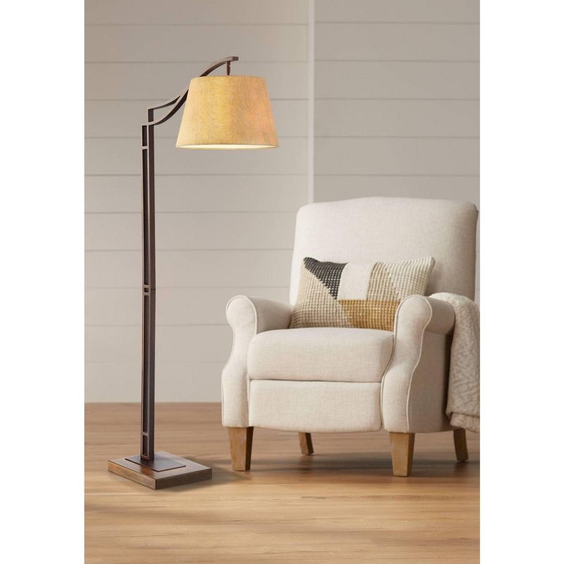 Franklin Iron Works Rustic Industrial Downbridge Floor Lamp Bronze Faux Leather Empire Shade Living Room Reading Bedroom Office