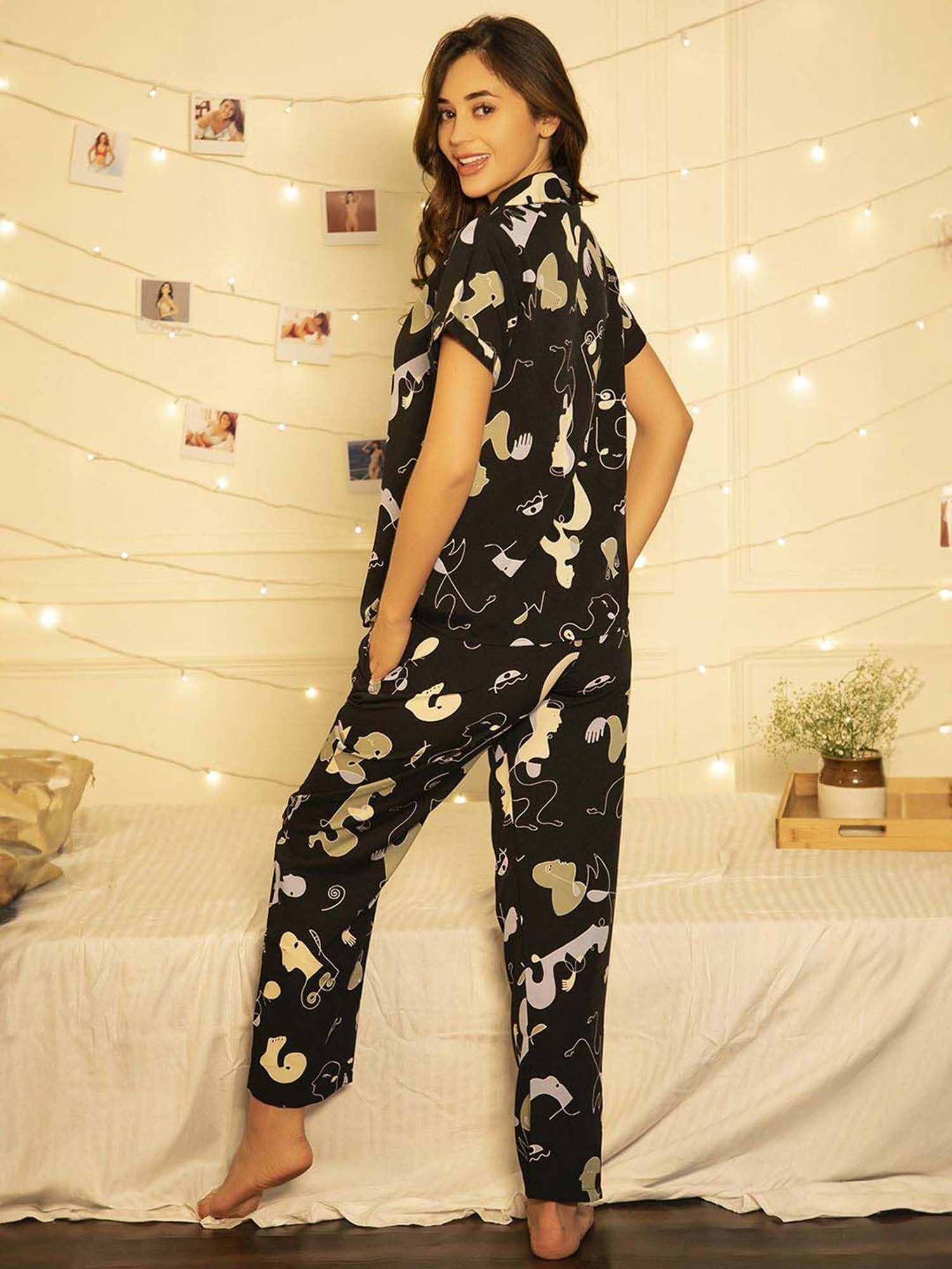 Clovia Black Printed Shirt With Pyjamas