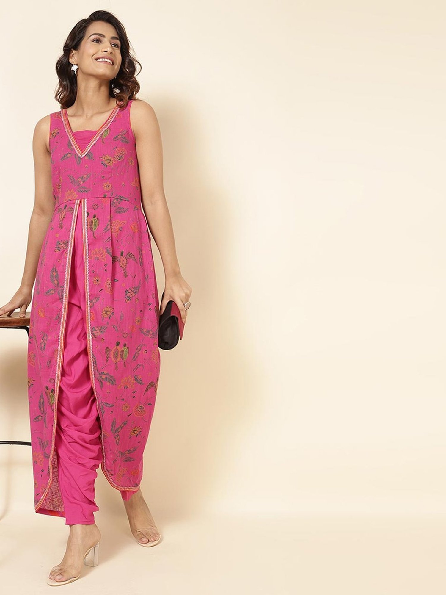 Fabindia Pink Cotton Floral Print Jumpsuit