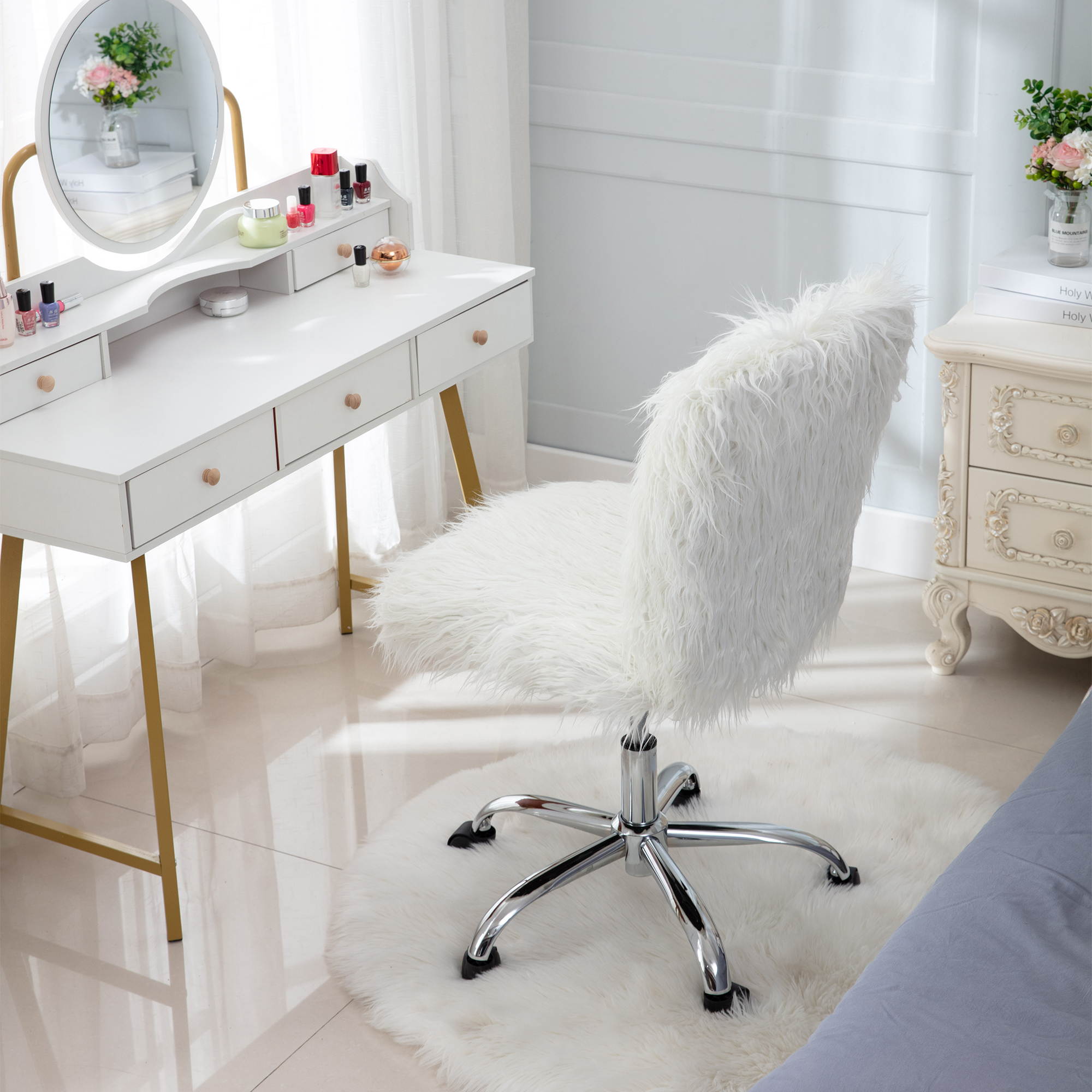 Faux Fur Flokati Armless Office Chair, White