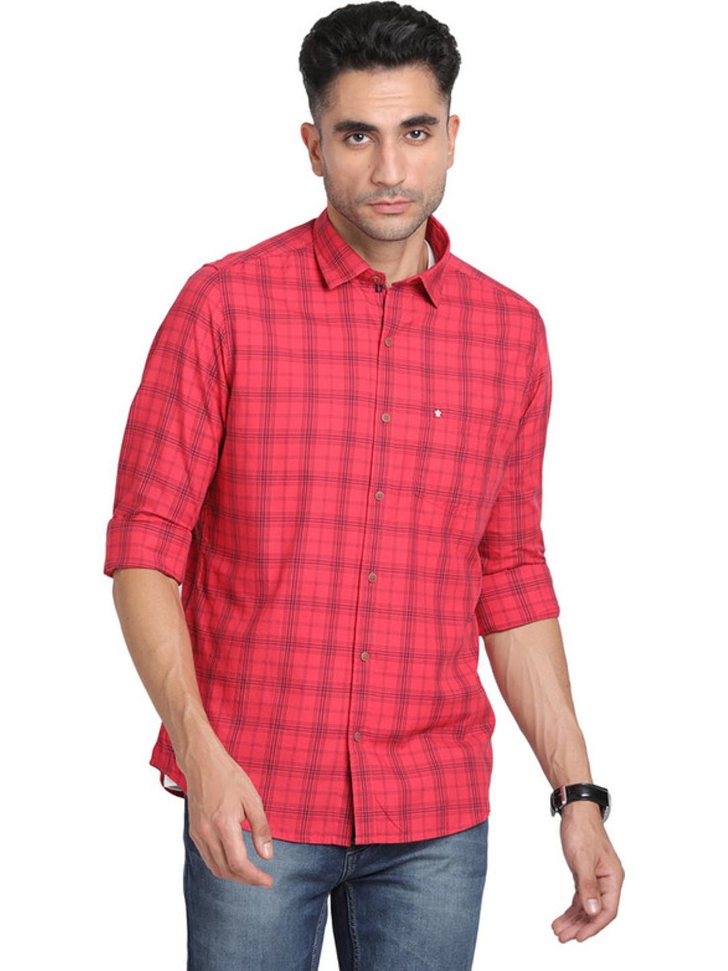 Turtle Red Cotton Slim Fit Checks Shirts