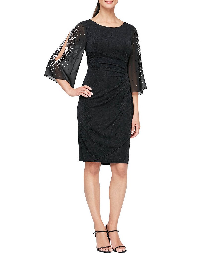 Alex Evenings Embellished Illusion Ruffle 3/4 Sleeve Jewel Neck Sheath Dress