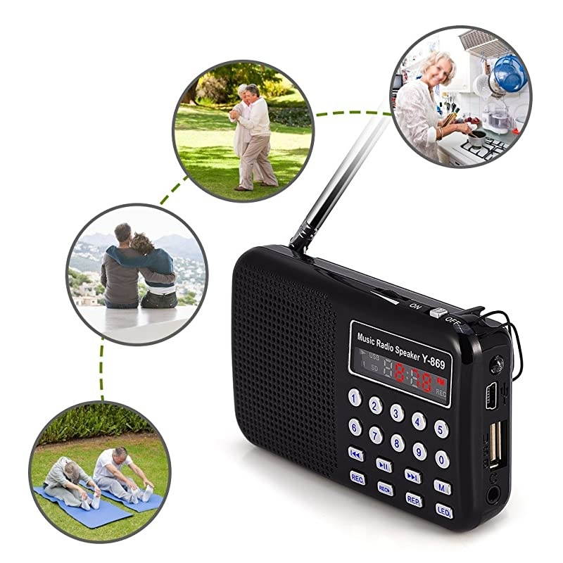 Mini Digital AM FM Pocket Radio Portable Speaker Support FM Radio TF Card USB Disk with LED Screen Display and Emergency Flashlight Function
