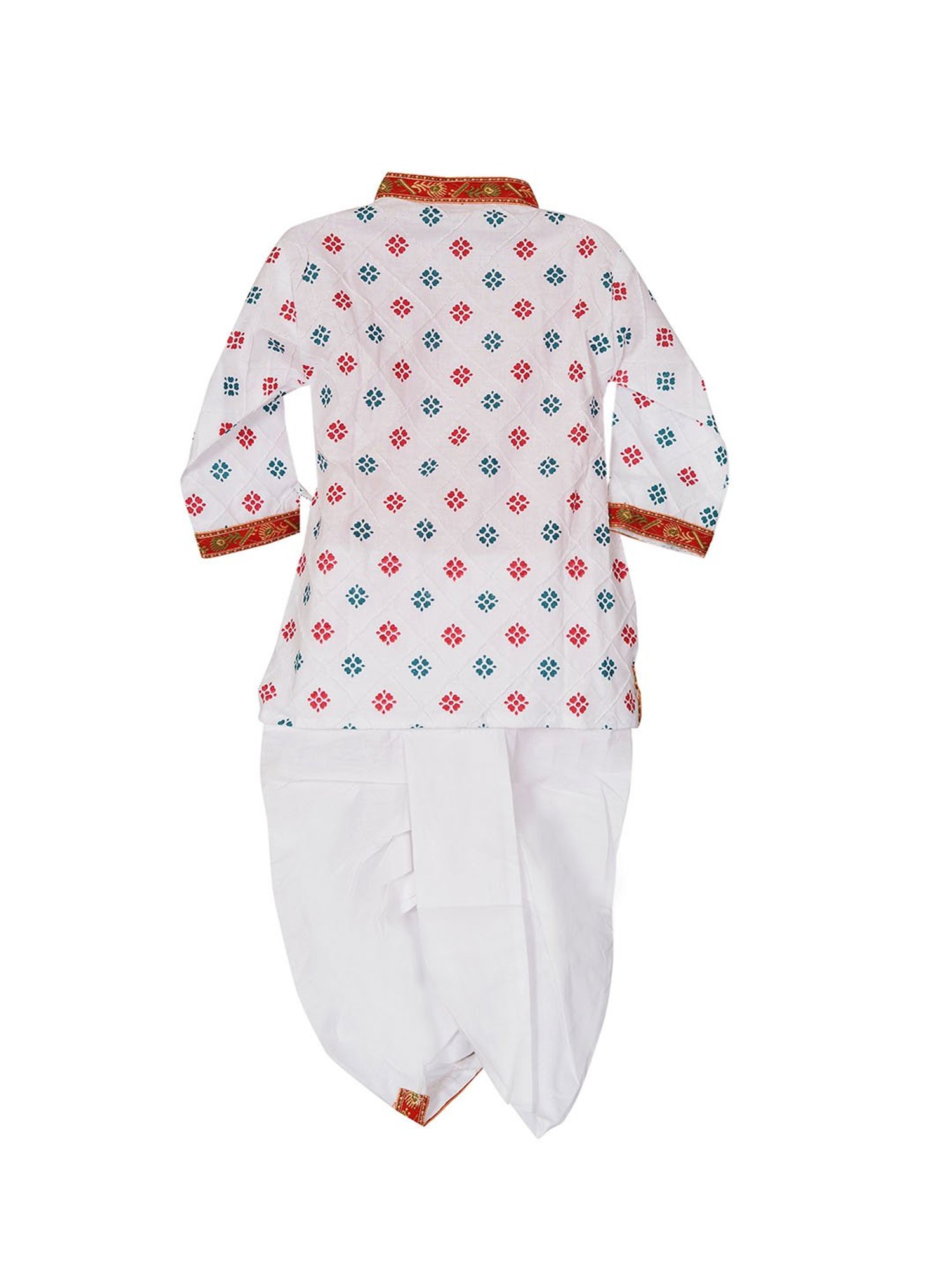 Ahhaaaa Kids White Embroidered Kurta, Dhoti, Pagri with Flute