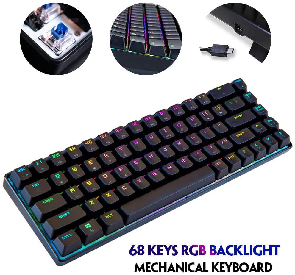CUUWE Portable RGB Gaming Office Magic Refiner MK14 60% Mechanical Keyboard USB 68 Keys Backlit Anti-ghosting Keyboard for PC Laptop (Blue Switch)