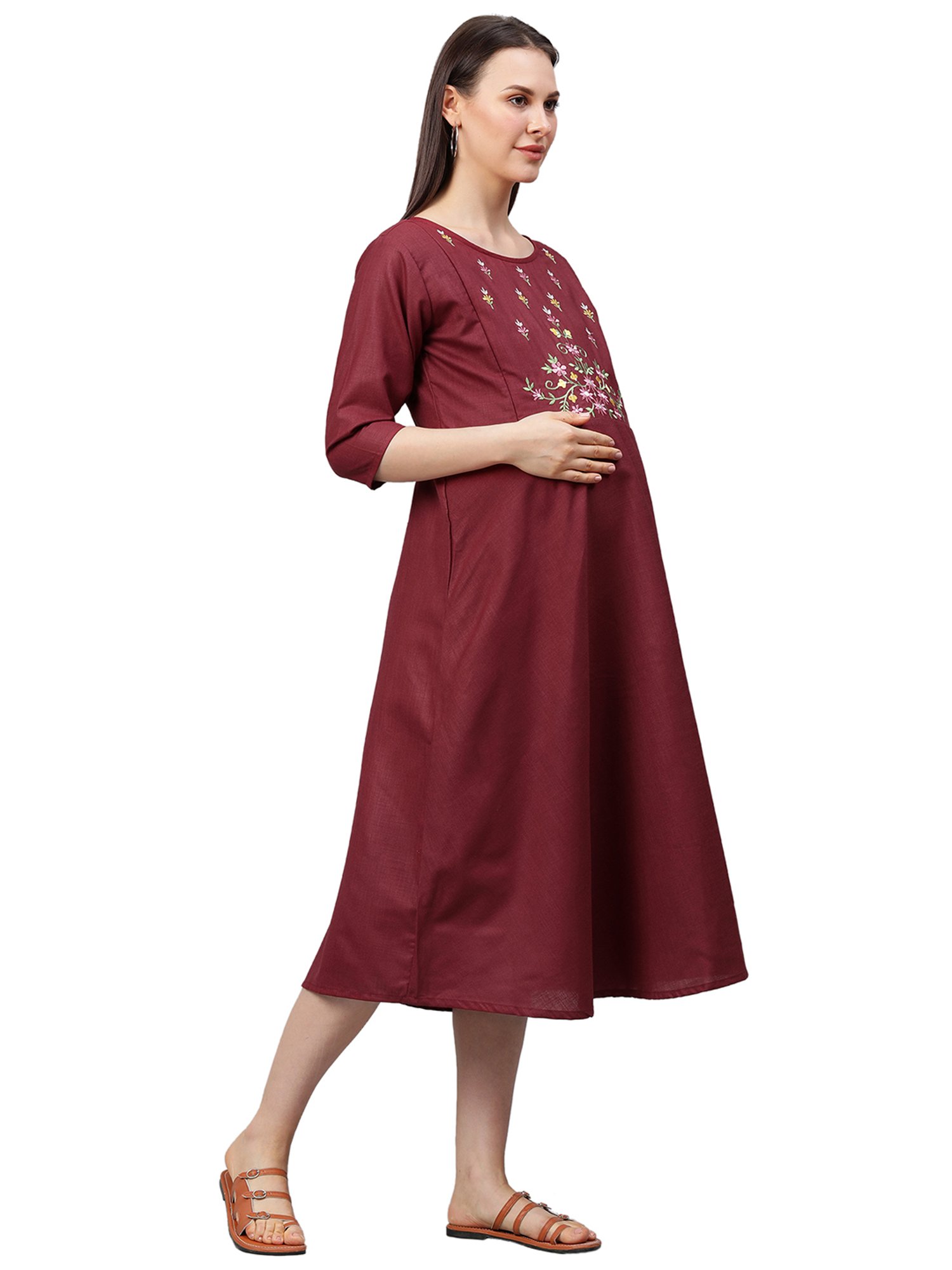 MomToBe Maroon Embroidered Maternity Kurta