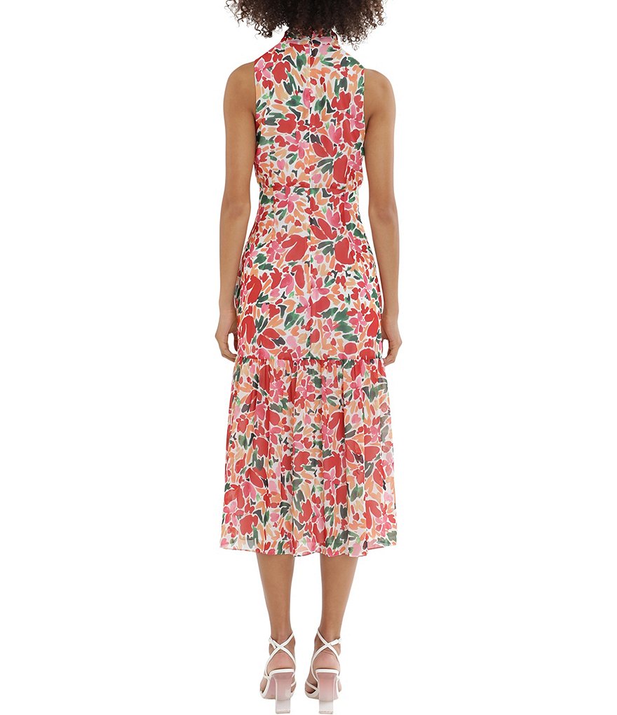 Maggy London Keyhole Tie Neck Sleeveless Floral Midi Dress