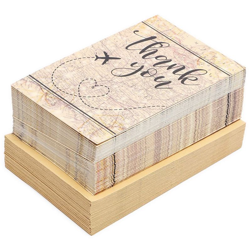 48-Pack Travel Themed Thank You Cards with Kraft Envelopes, Airplane & Heart on a Map, Ideal for Parties, 4" x 6"