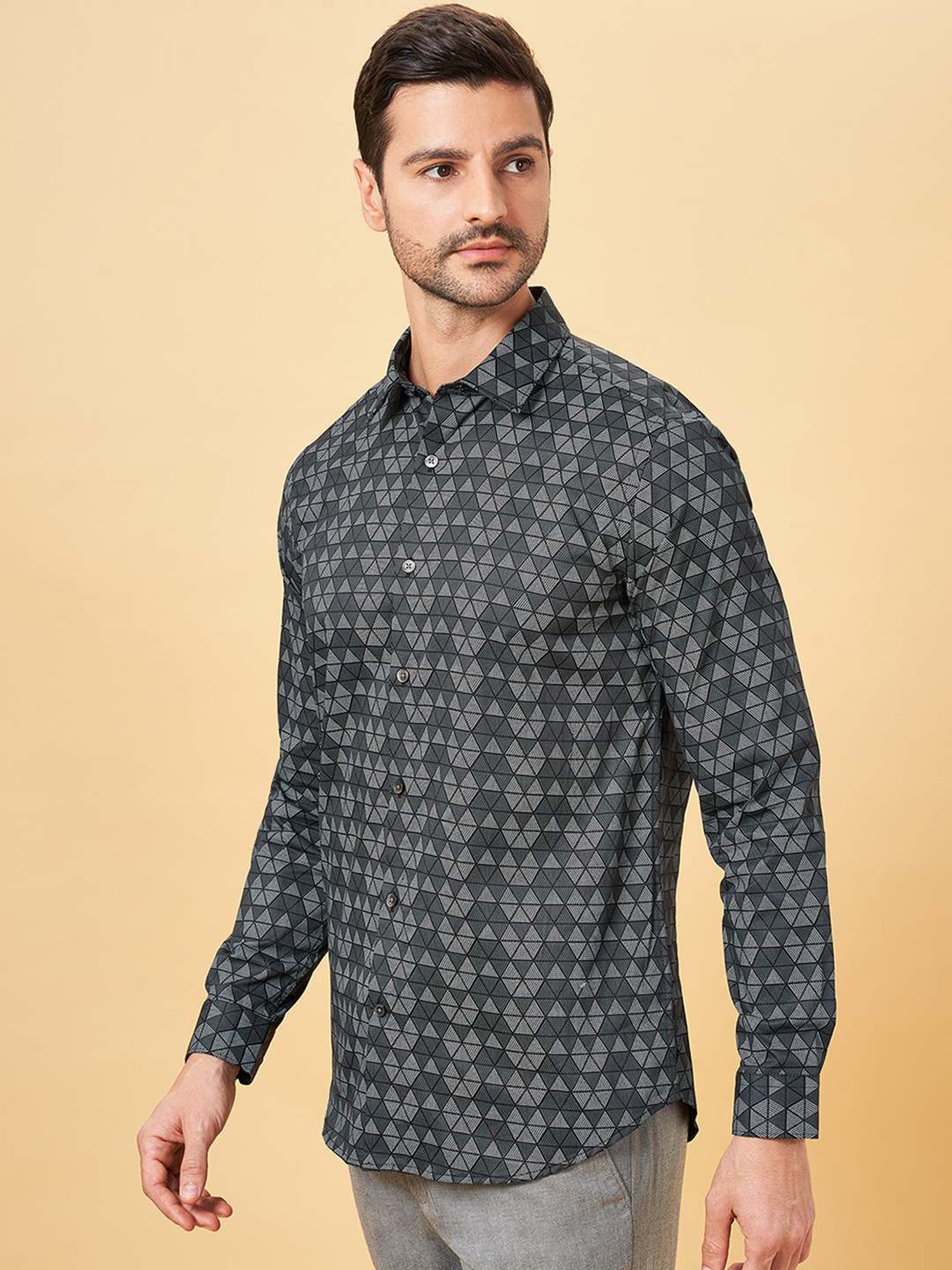 Peregrine by Pantaloons Jet Black Cotton Slim Fit Printed Shirt