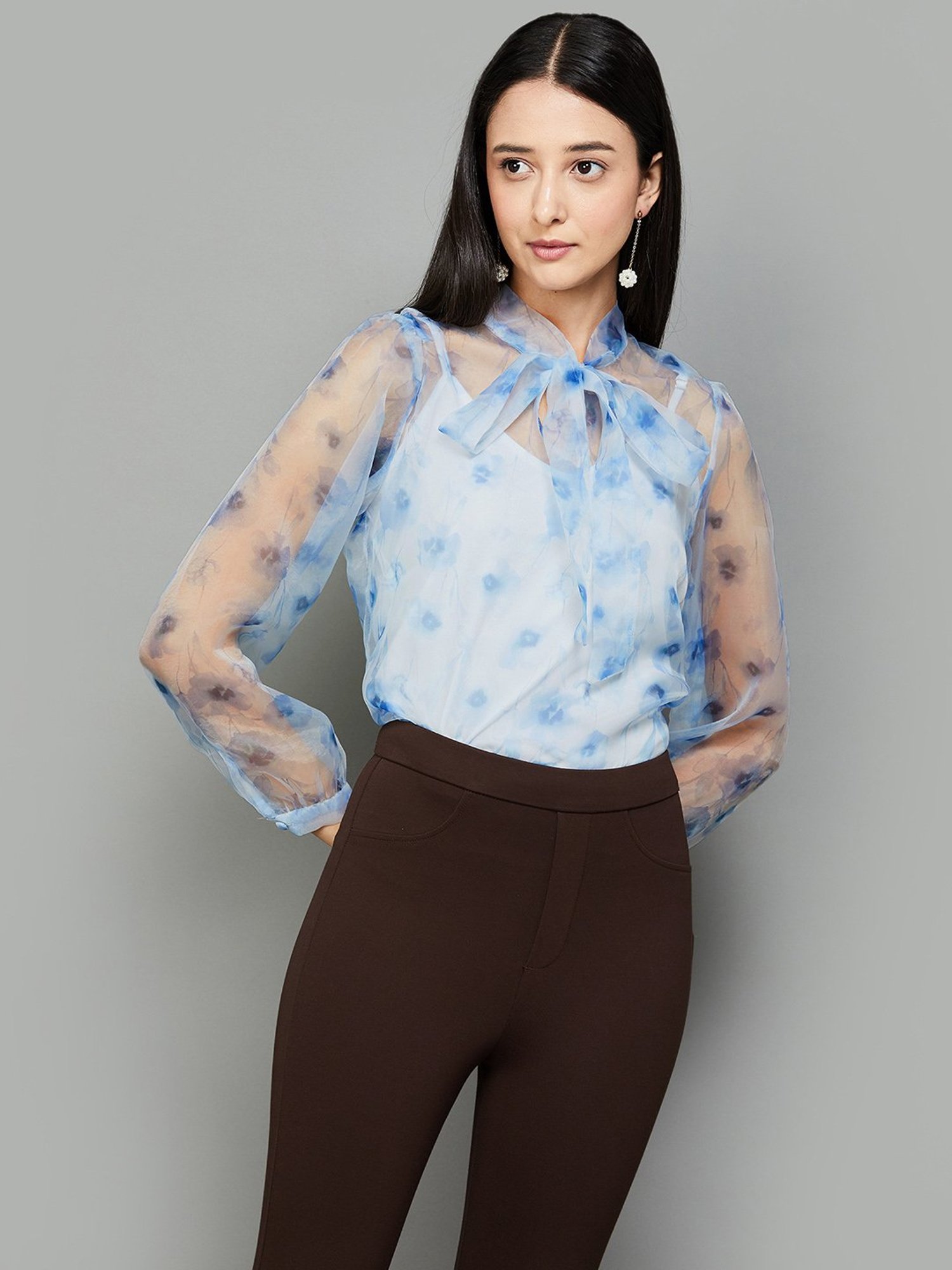 Code by Lifestyle Transparent & Blue Cotton Printed Top