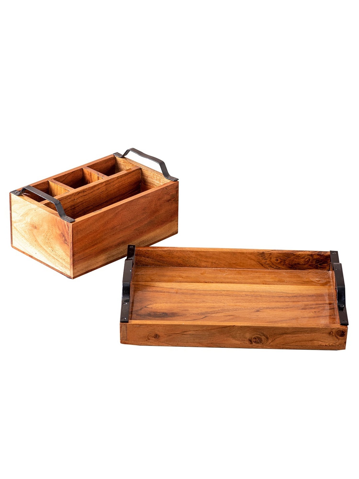 Nestroots Brown Wood Serving Tray & Cutlery Holder Combo