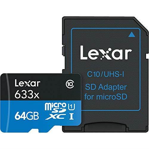 Lexar 64GB microSDXC UHS-I U1 Class 10 633X High-Performance Memory Card for HD Video, 3D and 4D with SD Adapter - 5 Pack + Microfiber Cloth