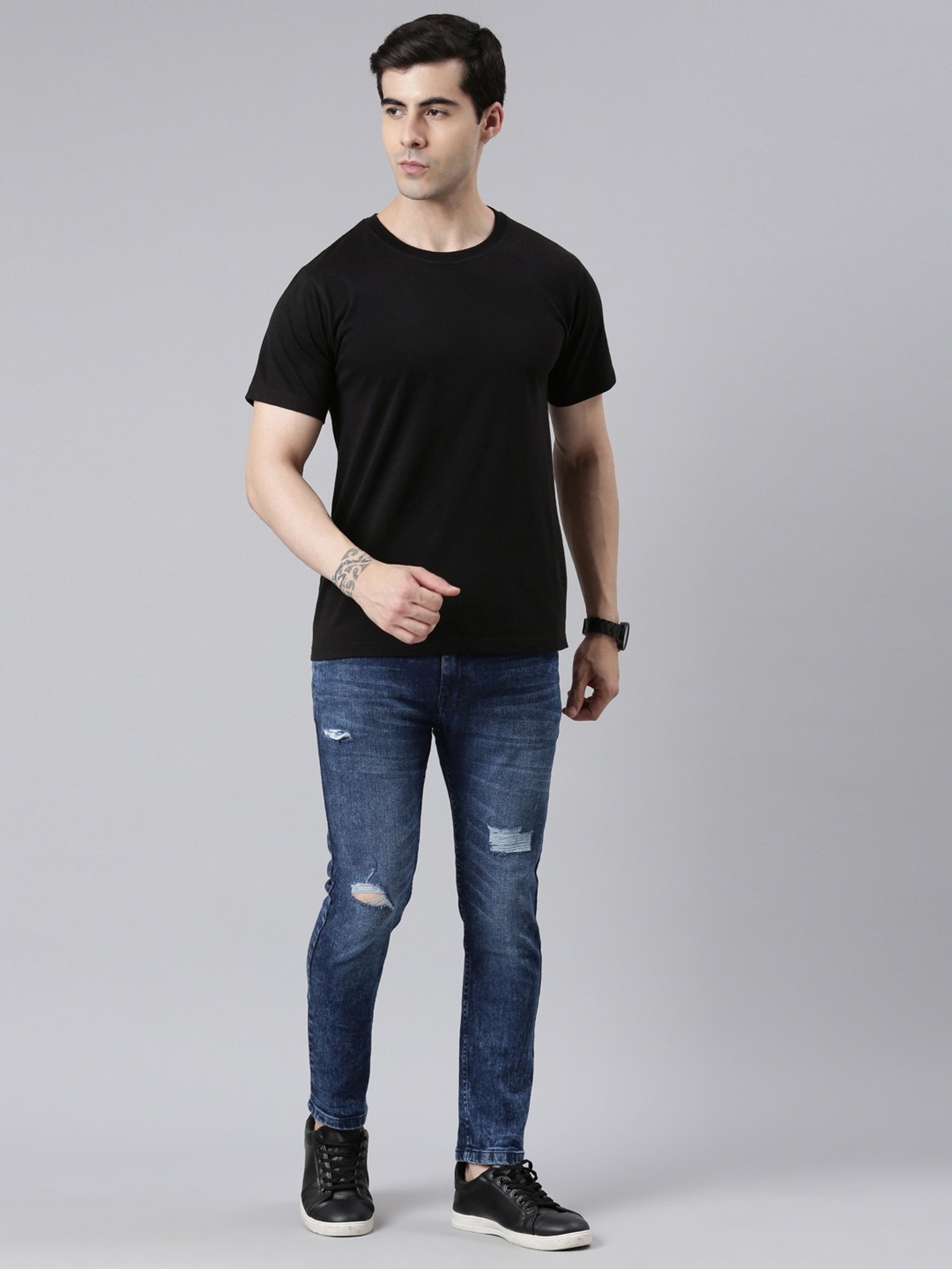 CINOCCI Denim Blue Cotton Slim Fit Distressed Jeans