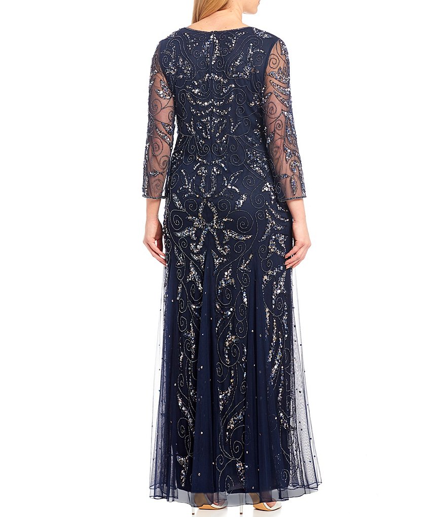 Pisarro Nights Plus Size 3/4 Sleeve Round Neck Beaded Gown