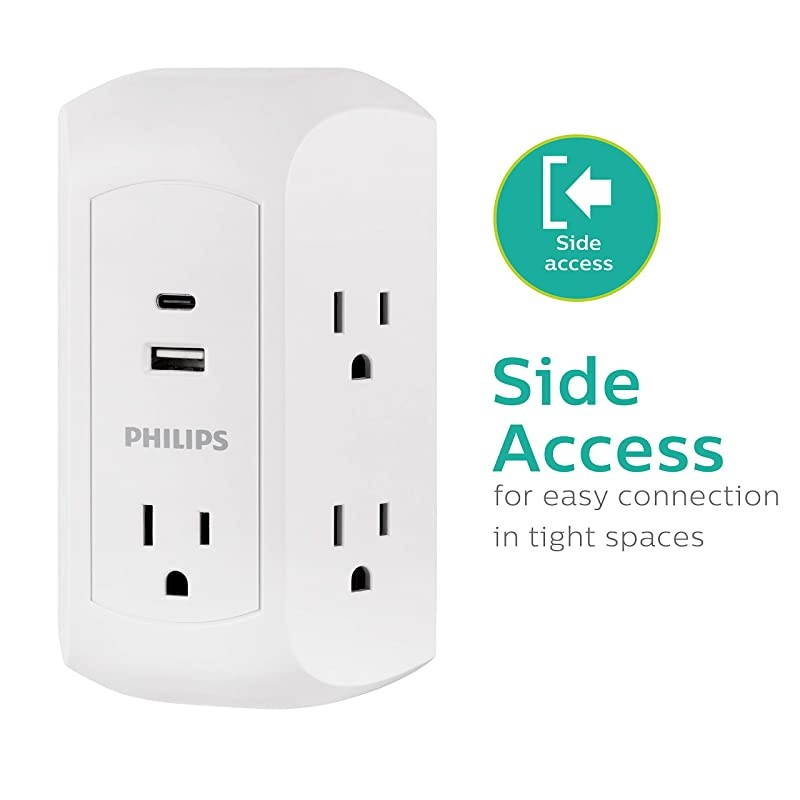 15W USBC Surge Protector Adapter 5 Outlet Wall Tap for iPhone 11 MaxXSXRX8 iPad ProAirMini Samsung Galaxy Google Pixel 17W Total Power White SPP5252WC37 1 Pack