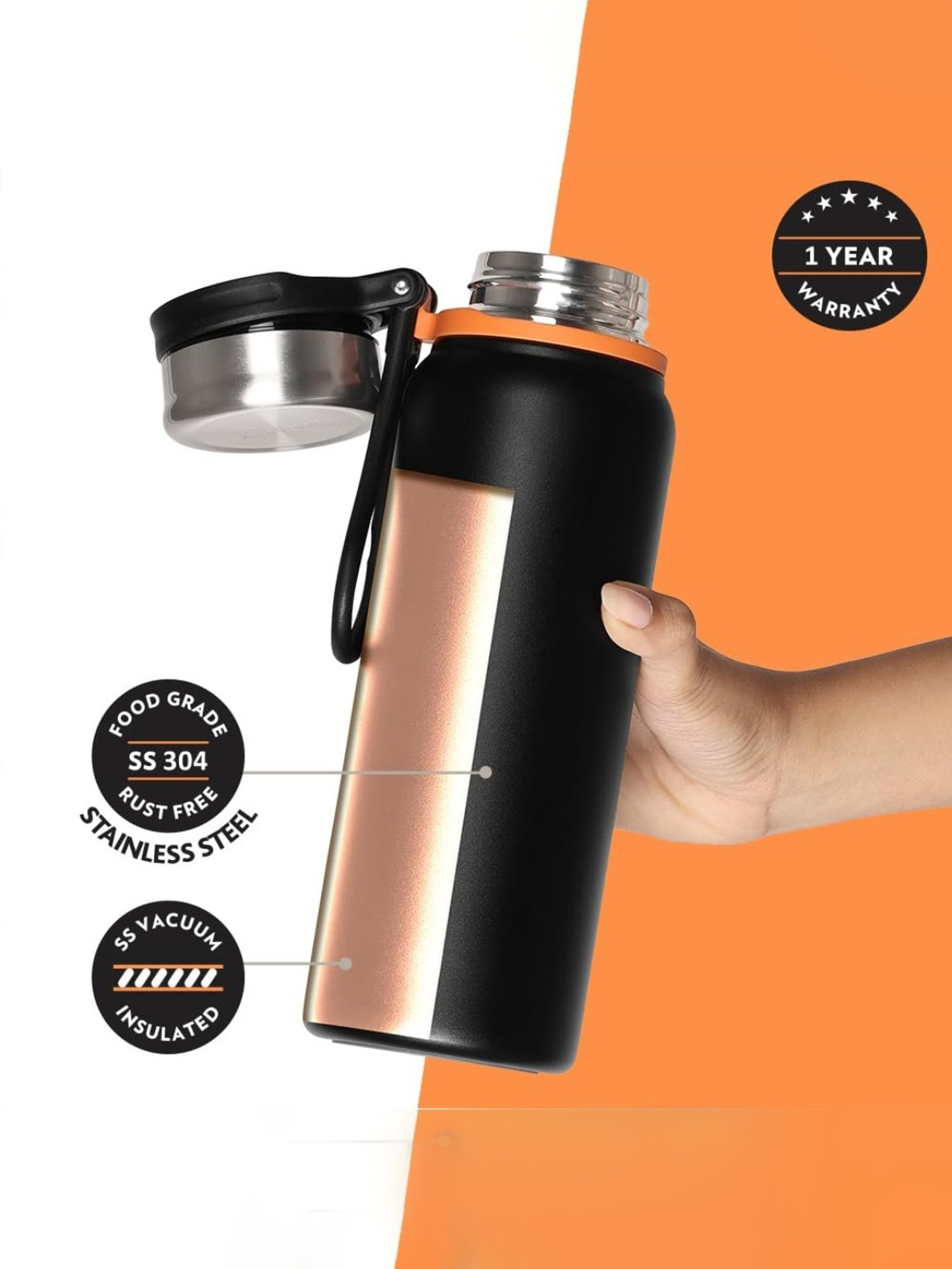 Borosil Black Stainless Steel Double Wall Vaccum Insulated Water Bottles (830ml)