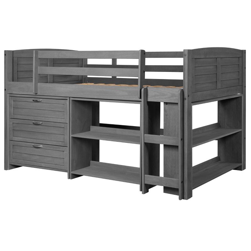 Louver Low Loft Bed with 3 Drawer Chest and Large + Small Bookcase Antique Gray - Donco Kids