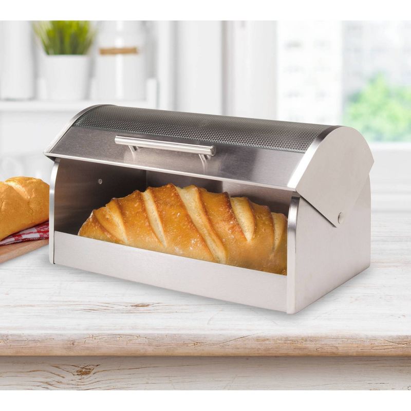 Oggi Stainless Steel Breadbox with Tempered Glass Roll Top Lid